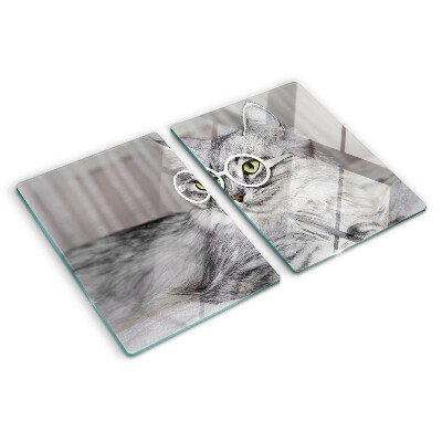 Tagliere in vetro temperato con stampa di un gatto con gli occhiali