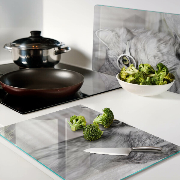 Tagliere in vetro temperato con stampa di un gatto con gli occhiali