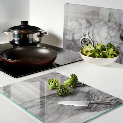 Tagliere in vetro temperato con stampa di un gatto con gli occhiali