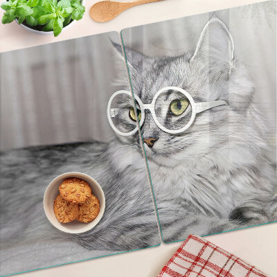 Tagliere in vetro temperato con stampa di un gatto con gli occhiali