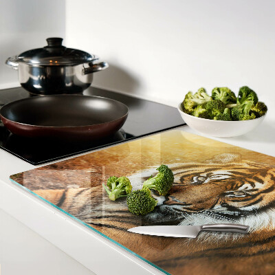 Tagliere in vetro con decorazione a motivo tigre illuminata dai raggi del sole