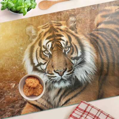 Tagliere in vetro con decorazione a motivo tigre illuminata dai raggi del sole