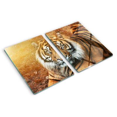 Tagliere in vetro con decorazione a motivo tigre illuminata dai raggi del sole