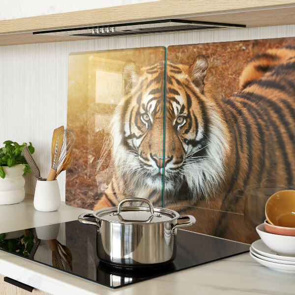 Tagliere in vetro con decorazione a motivo tigre illuminata dai raggi del sole