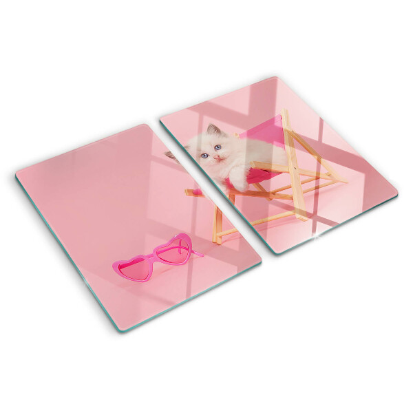 Tagliere in vetro temperato con stampa di un gattino sulla sdraio su sfondo rosa