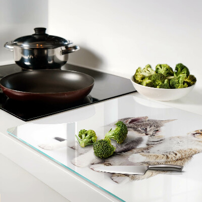 Tagliere in vetro temperato con disegno di gatti su sfondo bianco