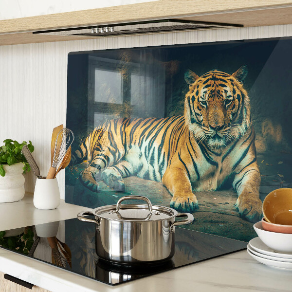 Tagliere in vetro con stampa di una tigre sdraiata sulle rocce