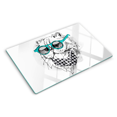Tagliere in vetro temperato con disegno di un gatto che indossa occhiali da sole