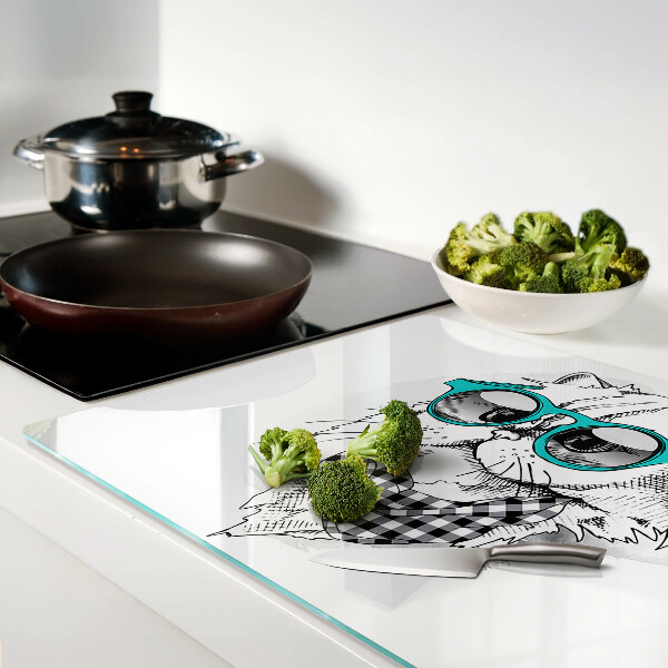 Tagliere in vetro temperato con disegno di un gatto che indossa occhiali da sole