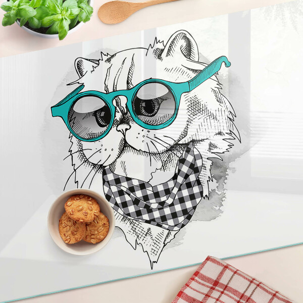 Tagliere in vetro temperato con disegno di un gatto che indossa occhiali da sole