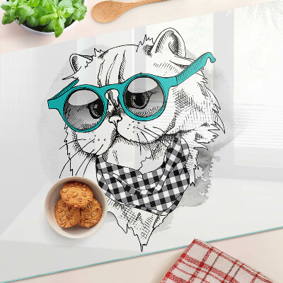 Tagliere in vetro temperato con disegno di un gatto che indossa occhiali da sole