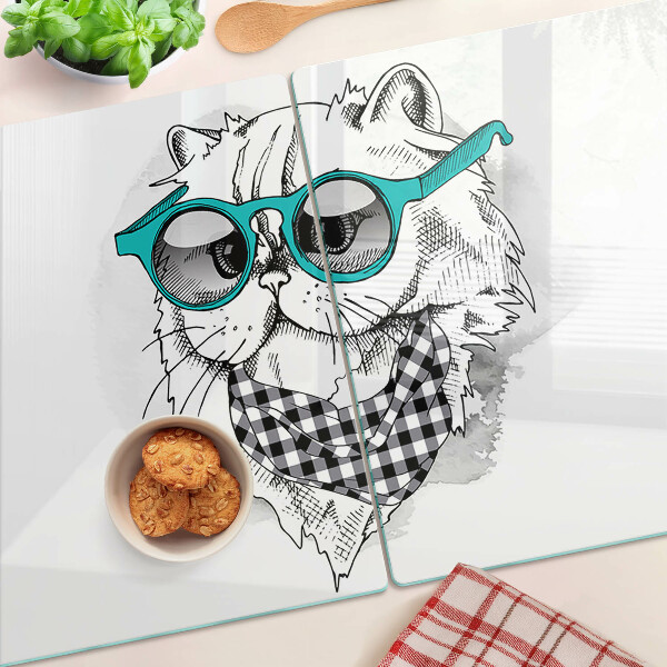 Tagliere in vetro temperato con disegno di un gatto che indossa occhiali da sole