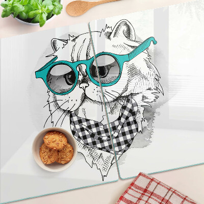 Tagliere in vetro temperato con disegno di un gatto che indossa occhiali da sole