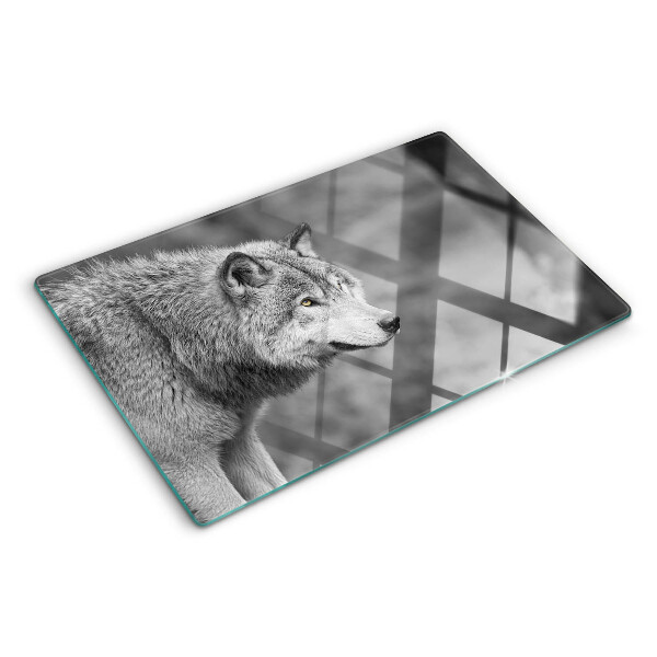 Tagliere in vetro temperato con stampa di un lupo in bianco e nero