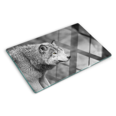Tagliere in vetro temperato con stampa di un lupo in bianco e nero