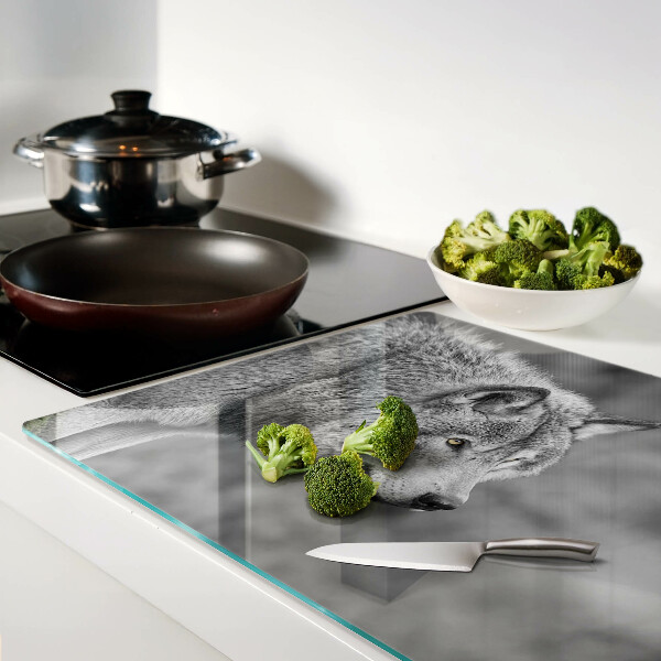 Tagliere in vetro temperato con stampa di un lupo in bianco e nero