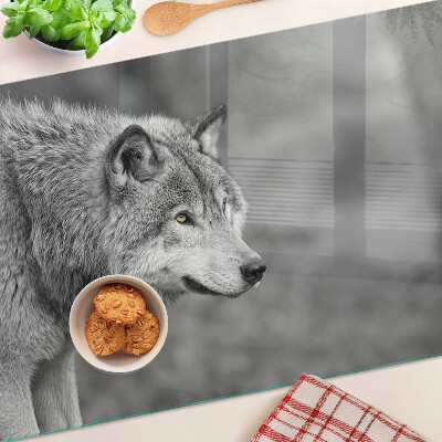 Tagliere in vetro temperato con stampa di un lupo in bianco e nero