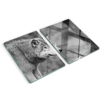 Tagliere in vetro temperato con stampa di un lupo in bianco e nero