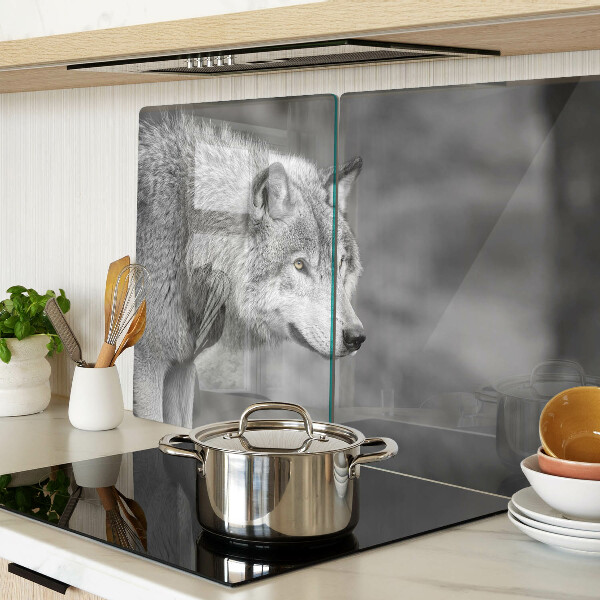Tagliere in vetro temperato con stampa di un lupo in bianco e nero