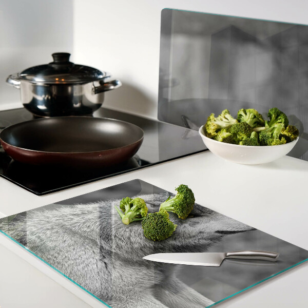 Tagliere in vetro temperato con stampa di un lupo in bianco e nero