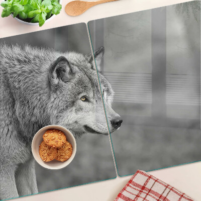 Tagliere in vetro temperato con stampa di un lupo in bianco e nero
