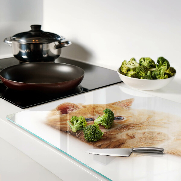 Tagliere in vetro temperato con motivo di gattino rosso su sfondo bianco