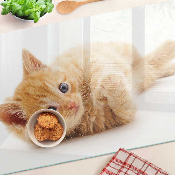 Tagliere in vetro temperato con motivo di gattino rosso su sfondo bianco