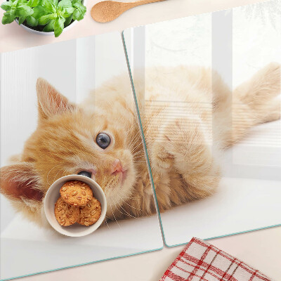 Tagliere in vetro temperato con motivo di gattino rosso su sfondo bianco