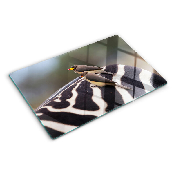 Tagliere in vetro temperato con decorazione di uccelli su sfondo zebrato