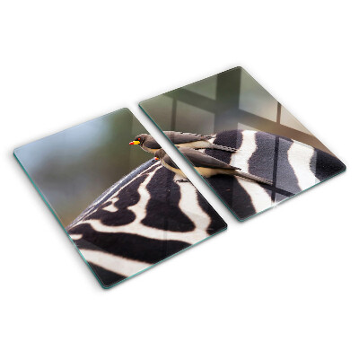 Tagliere in vetro temperato con decorazione di uccelli su sfondo zebrato