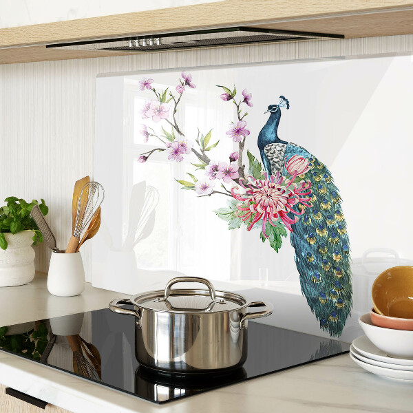 Tagliere in vetro con decorazione con pavone e fiori