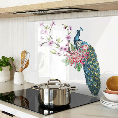 Tagliere in vetro con decorazione con pavone e fiori