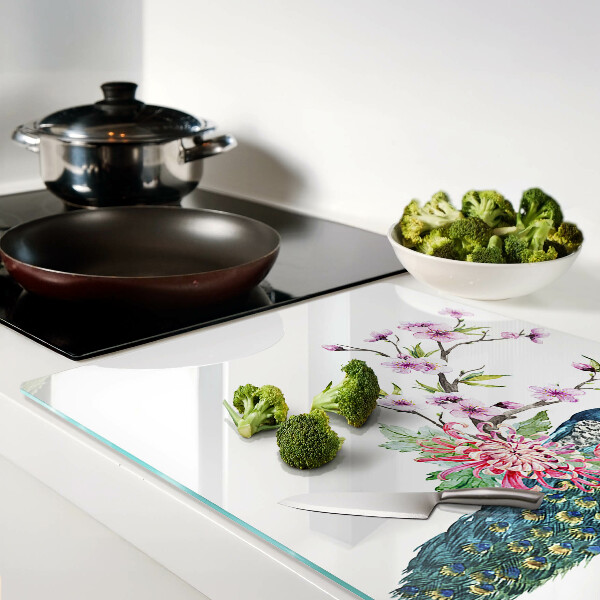 Tagliere in vetro con decorazione con pavone e fiori