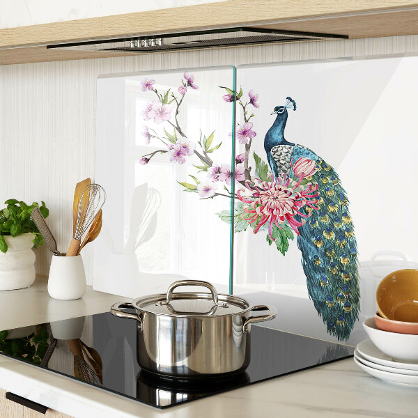 Tagliere in vetro con decorazione con pavone e fiori