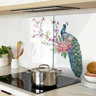 Tagliere in vetro con decorazione con pavone e fiori