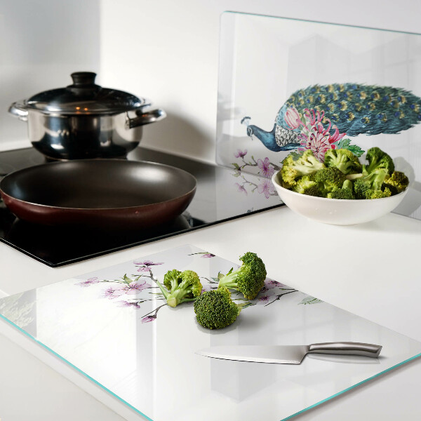 Tagliere in vetro Pavone con fiori