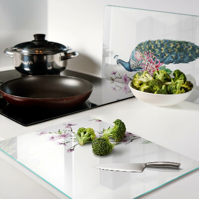 Tagliere in vetro con decorazione con pavone e fiori