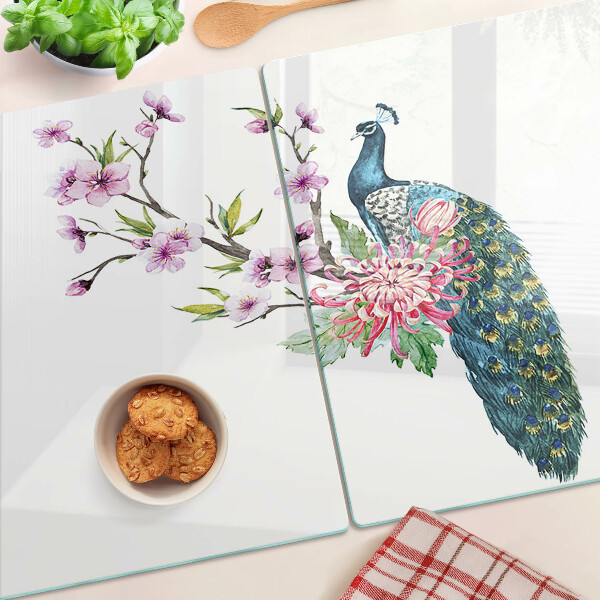 Tagliere in vetro con decorazione con pavone e fiori