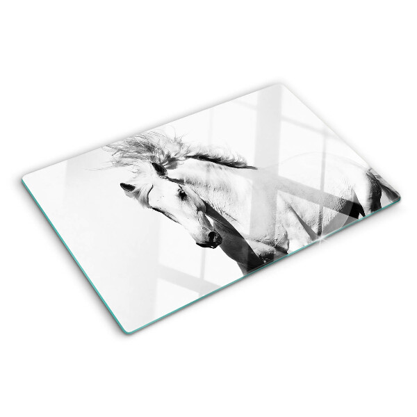 Tagliere in vetro temperato con motivo cavallo in bianco e nero