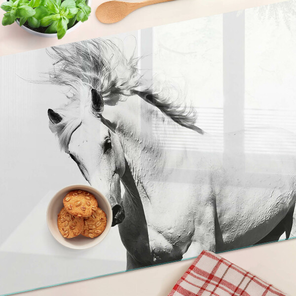 Tagliere in vetro temperato con motivo cavallo in bianco e nero
