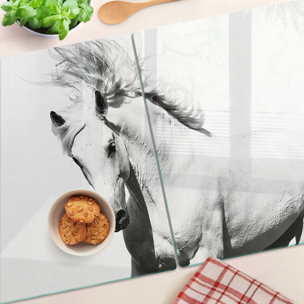 Tagliere in vetro temperato con motivo cavallo in bianco e nero