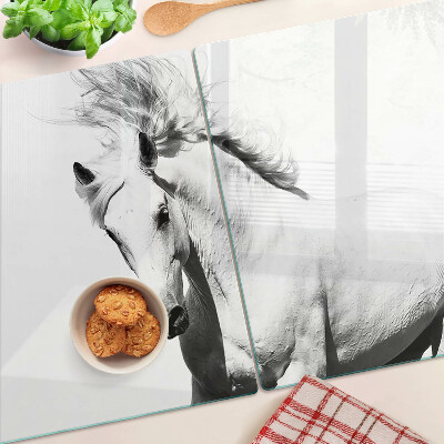 Tagliere in vetro temperato con motivo cavallo in bianco e nero