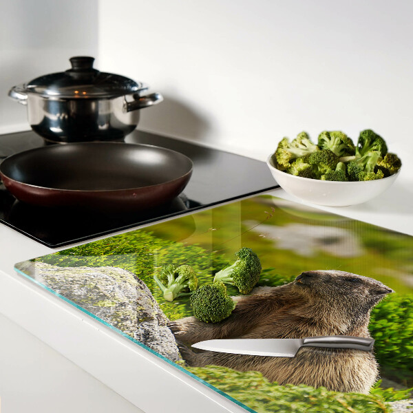 Tagliere in vetro con stampa di una marmotta su sfondo di erba verde