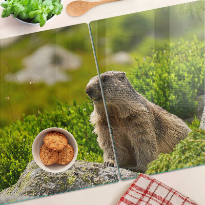 Tagliere in vetro con stampa di una marmotta su sfondo di erba verde