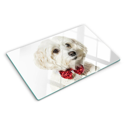 Tagliere in vetro temperato con stampa di cane che indossa un maglioncino e un fiocco