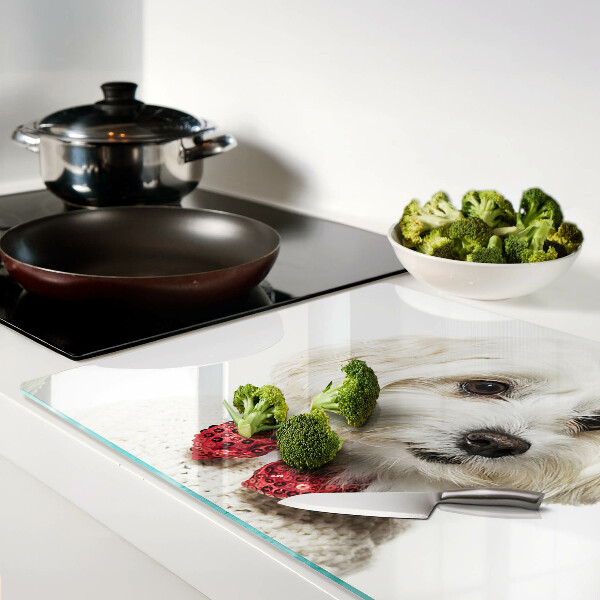 Tagliere in vetro temperato con stampa di cane che indossa un maglioncino e un fiocco