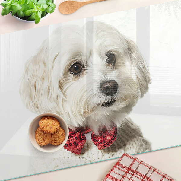 Tagliere in vetro temperato con stampa di cane che indossa un maglioncino e un fiocco