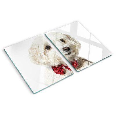 Tagliere in vetro temperato con stampa di cane che indossa un maglioncino e un fiocco