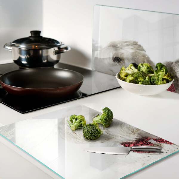 Tagliere in vetro temperato con stampa di cane che indossa un maglioncino e un fiocco