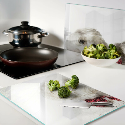 Tagliere in vetro temperato con stampa di cane che indossa un maglioncino e un fiocco